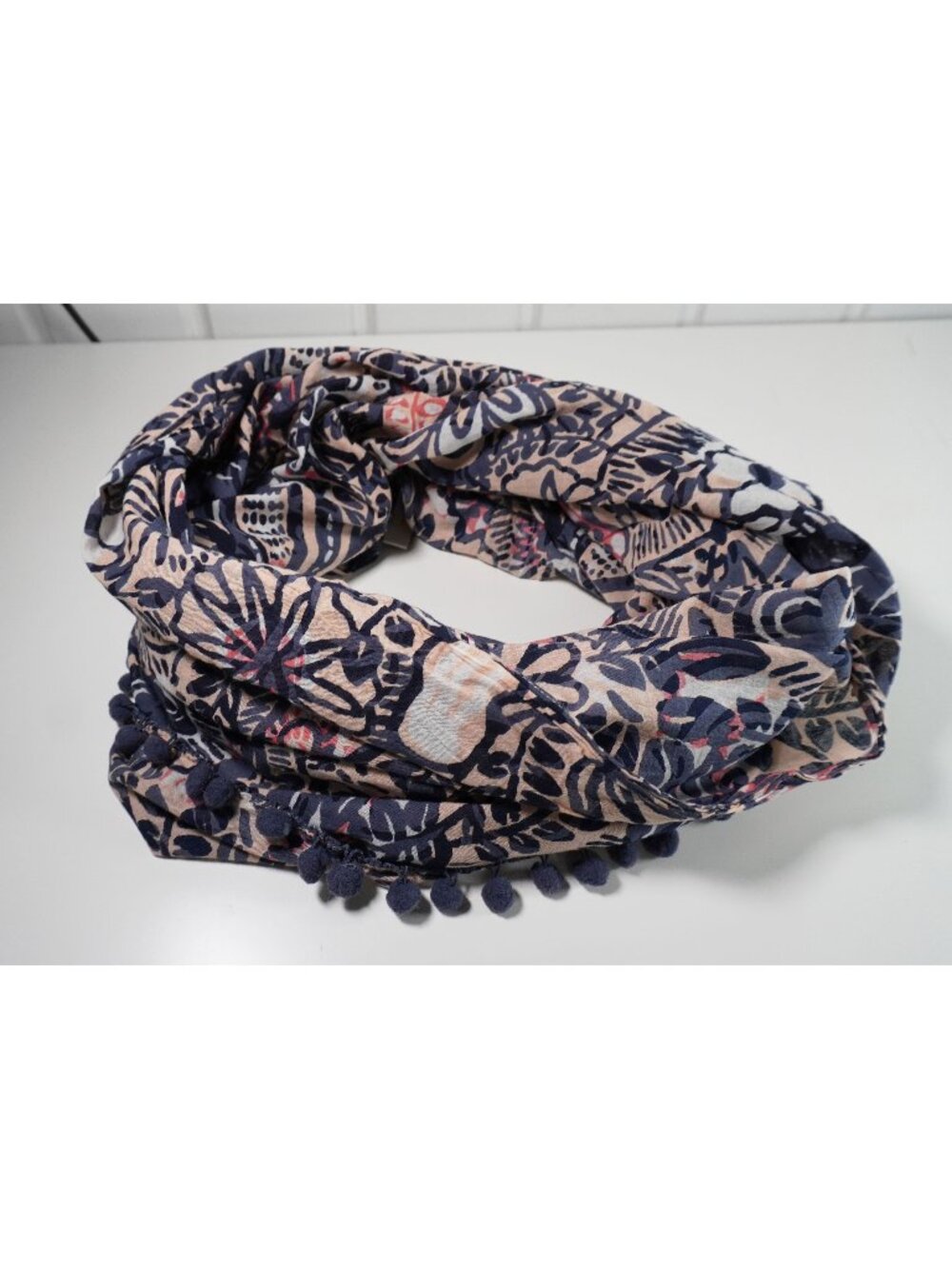 LOFT Ann Taylor Floral Pom Pom Infinity Scarf 100% Cotton Blue Pink Lightweight